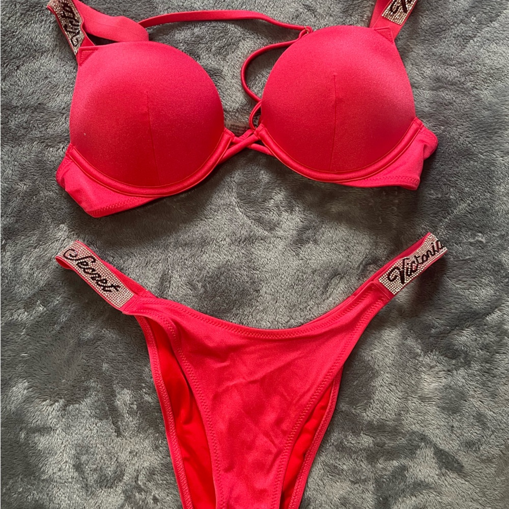 Victoria's Secret Red Swim 32B/Small Bombshell Shine Strap Push-Up Bikini